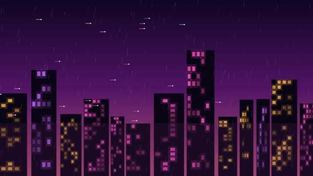 Cyberpunk City Skyline with Neon Lights Rain and Flying Vehicles