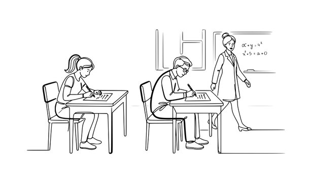 Teacher Supervising Students During Exam Continuous Line Black White Vector