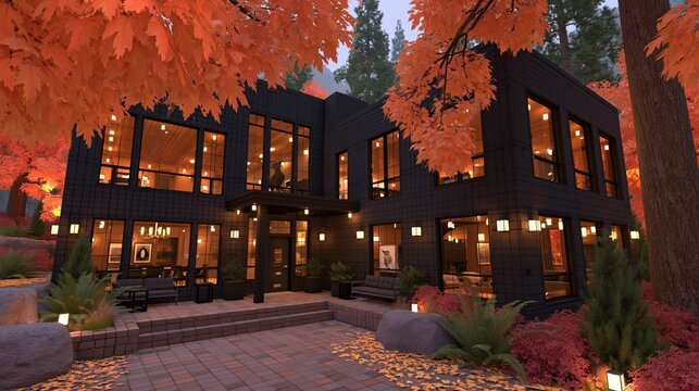 Modern residence with large windows illuminated by warm light stands amidst autumn foliage.