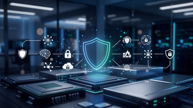 Cybersecurity shield and data protection concept. Digital security icons over computer hardware and CPU processors in a server room. Glowing blue network infrastructure
