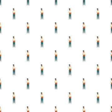 Woman standing holding a brown laptop bag creating a seamless decorative pattern