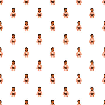 Cartoon woman holding a bowl with a spoon forming a seamless background pattern