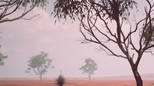 In a dry landscape, trees and bushes are scattered across the land. The ground is red and flat with a hazy sky. This scene appears to be in a remote location during the day.