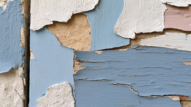 Layers of chipped and peeling paint reveal a textured surface with varied colors.