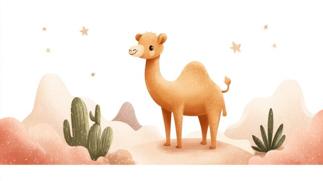 Cute chubby camel in pastel desert, bubble-like dunes, cactus trio and tiny stars, pure white background