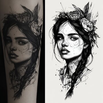 Detailed black and grey fine line tattoo on a forearm with dotwork shading, botanical and geometric elements. Modern blackwork body art for tattoo studios, portfolios and social media.