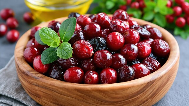 A wooden bowl overflows with glistening red berries and dark dried fruits, garnished with a fresh green herb sprig.