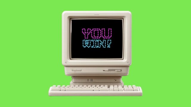 Retro desktop computer with a classic CRT screen proudly displaying 'YOU WIN!' in a pixel art style, embodying vintage gaming success and digital victory