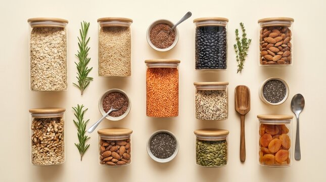 Organized Whole Food Pantry Jars with Ingredients and Herbs