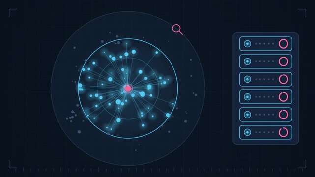 Abstract animated vectors compared by similarity distance drawn as blue and cyan lines and shapes on a deep dark background. Seamless looping 4K motion graphics video with free space for text, ideal f