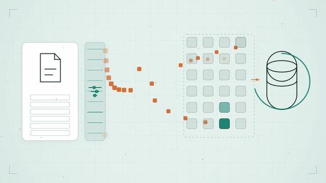 Abstract animated document split into overlapping chunks for retrieval drawn as cyan and teal lines and shapes on a bright, clean light background. Seamless looping 4K motion graphics video with free 