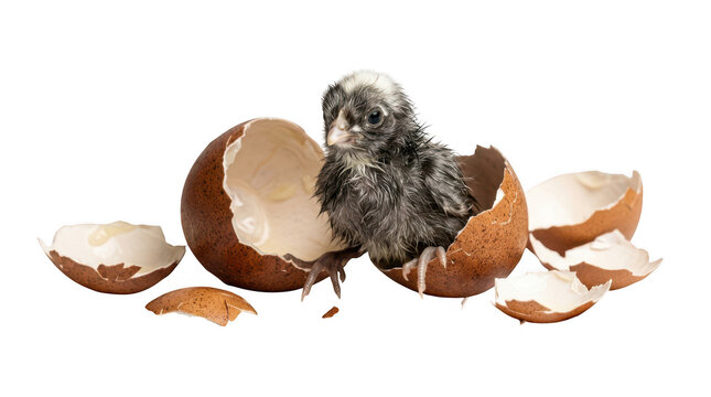 Cute fluffy newborn chick hatching from a brown egg isolated on transparent background