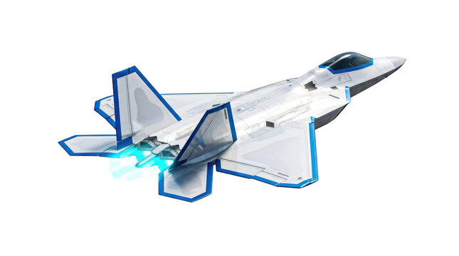 Modern stealth fighter jet flying, isolated on transparent background