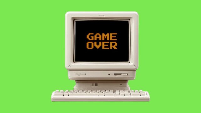 An iconic beige desktop computer monitor from the past shows a stark 'Game Over' message, evoking classic gaming and digital retro aesthetics and the dawn of personal computing