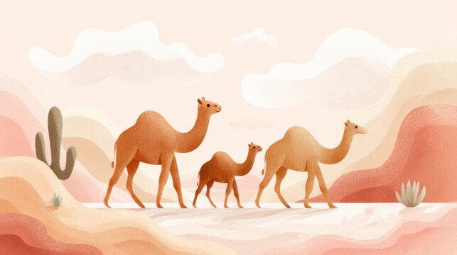 Cute chubby camel trio walking across rounded sand hills, pastel tones, tiny cactus and clouds, white background