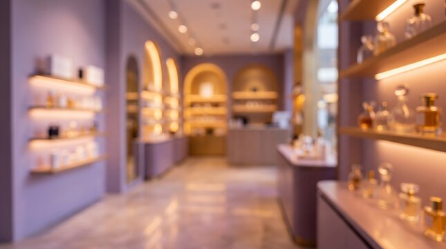 Abstract blurred shopping mall interior, soft ambient lighting, elegant storefronts, creating an inviting atmosphere