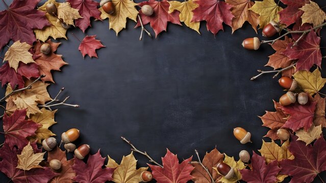 Autumn maple leaves and acorns chalkboard frame &ndash; Suitable for seasonal menus, fall event announcements, or classroom decor.