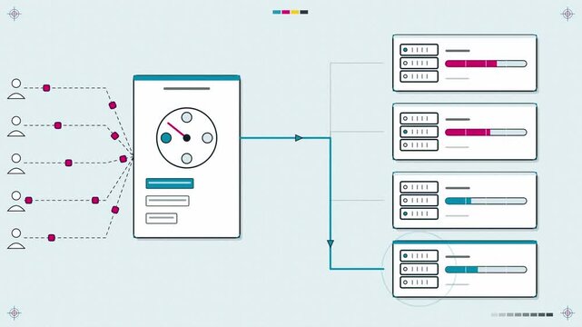 Abstract animated load balancer spreading requests across servers drawn as cyan and teal lines and shapes on a bright, clean light background. Seamless looping 4K motion graphics video with free space