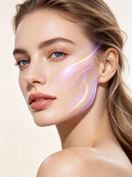Beautiful woman with futuristic facial skin analysis