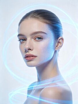 Blue futuristic skincare technology around female face