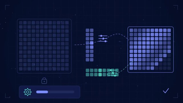 Abstract animated low rank adapters merged into a model drawn as blue and cyan lines and shapes on a deep dark background. Seamless looping 4K motion graphics video with free space for text, ideal for
