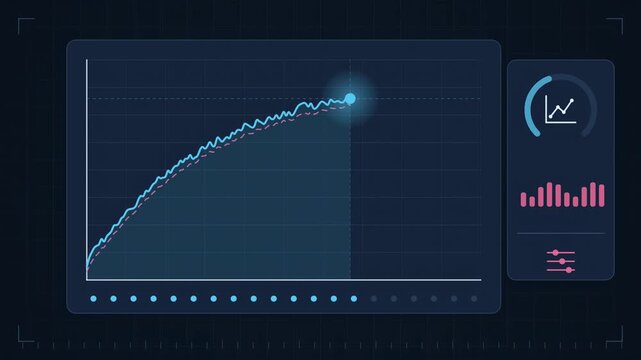 Abstract animated training loss curve falling over epochs drawn as blue and cyan lines and shapes on a deep dark background. Seamless looping 4K motion graphics video with free space for text, ideal f
