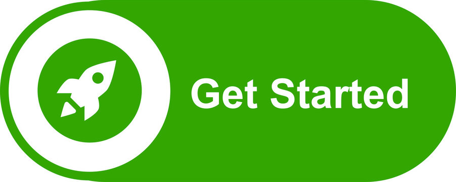 Get Started Button with Rocket Icon and Green Rounded Design, Launch and Beginning Label PNG Isolated on Transparent Background
