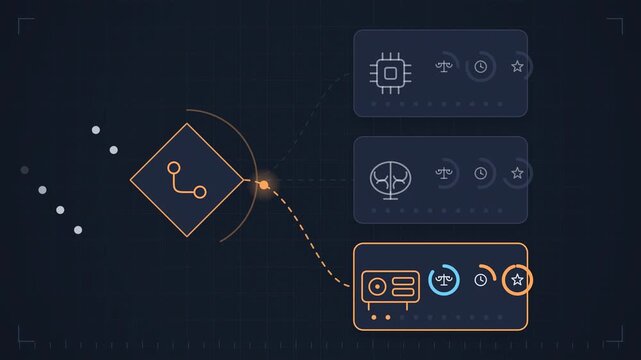 Abstract animated requests routed to the right model or prompt drawn as amber and orange lines and shapes on a deep dark background. Seamless looping 4K motion graphics video with free space for text,