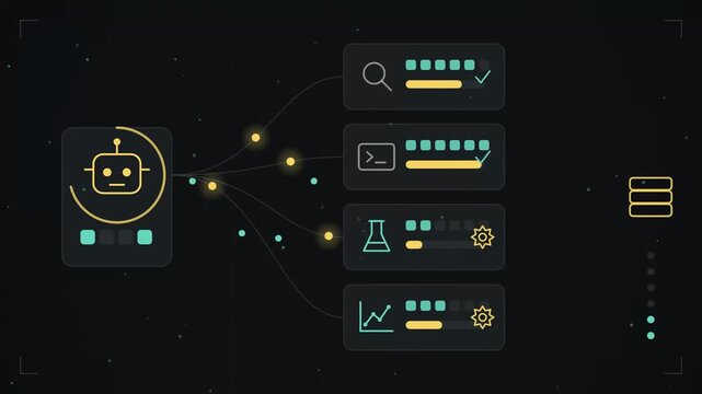 Abstract animated supervisor agent delegating to workers drawn as cyan and teal lines and shapes on a deep dark background. Seamless looping 4K motion graphics video with free space for text, ideal fo