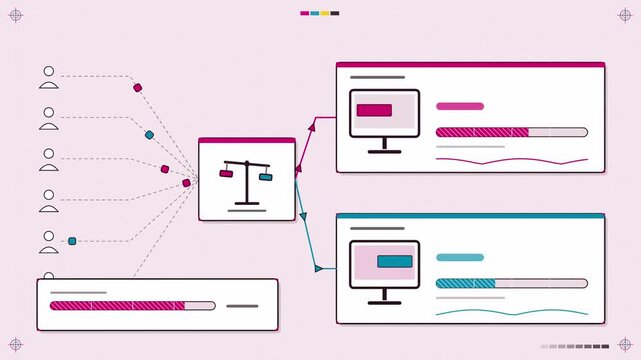 Abstract animated traffic split between two variants for testing drawn as violet and blue lines and shapes on a bright, clean light background. Seamless looping 4K motion graphics video with free spac