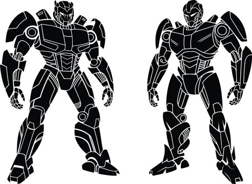 Futuristic robot warriors facing off in dynamic combat stance vector illustration