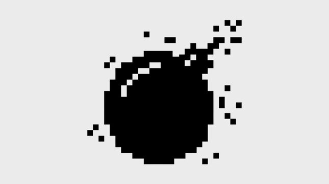 Pixel art bomb icon illustration with explosion silhouette destruction nostalgia computer isolated military explosive attacking emergency security illustration monochrome