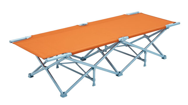 Portable folding camping cot with orange fabric isolated on transparent background