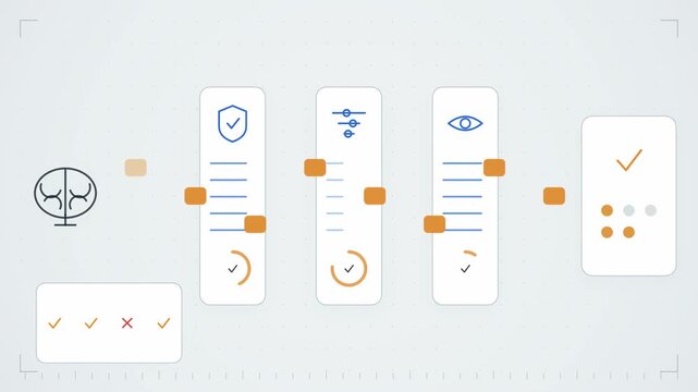 Abstract animated outputs passing through safety gates drawn as amber and orange lines and shapes on a bright, clean light background. Seamless looping 4K motion graphics video with free space for tex