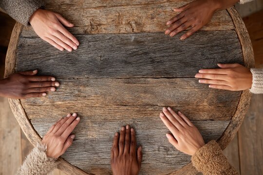 Diverse hands joining together in unity circle over wooden table for teamwork concept