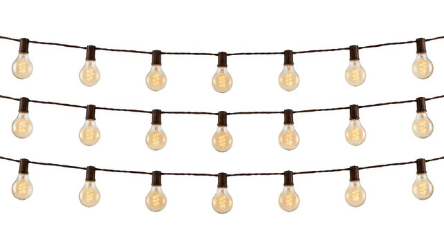 String of vintage edison style light bulbs hanging on a wire isolated on transparent background