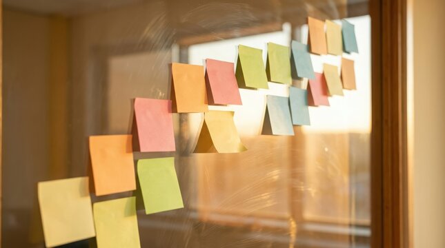 Colorful adhesive notes arranged in ascending sequence on glass partition capture morning sunlight during creative corporate planning session for project management milestones.