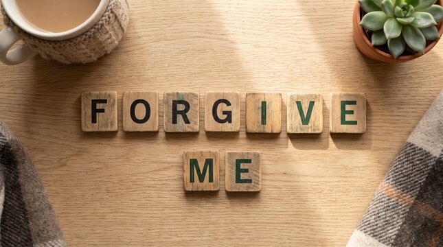 Wooden Scrabble Letters Spelling 'FORGIVE ME' for Inspirational Message