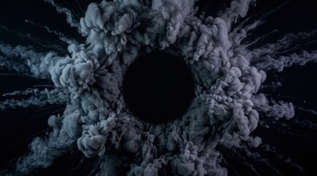 Explosion of dark grey smoke forming circular pattern around black void offering intense abstract background for dynamic design projects.