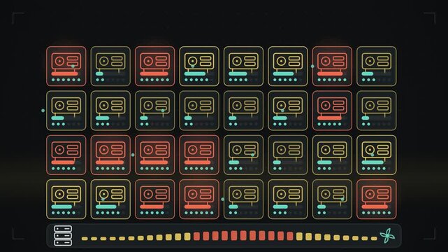 Abstract animated GPU racks running a compute cluster drawn as coral and magenta lines and shapes on a deep dark background. Seamless looping 4K motion graphics video with free space for text, ideal f