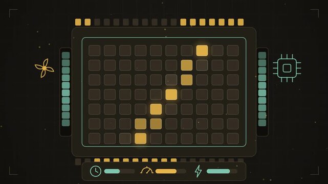 Abstract animated GPU die and its compute blocks drawn as amber and orange lines and shapes on a deep dark background. Seamless looping 4K motion graphics video with free space for text, ideal for tec