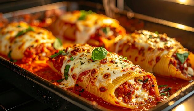 Delicious baked stuffed shells with cheese and tomato sauce in the oven