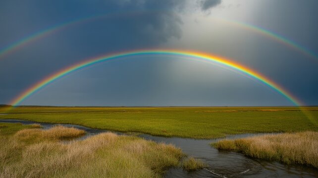 Double rainbow over green marsh and stream