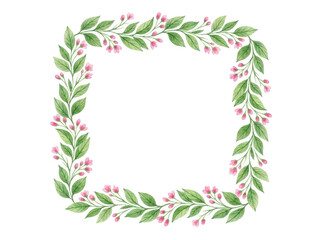 Fototapeta premium Watercolor floral frame with green leaves and small pink flowers isolated on transparent background