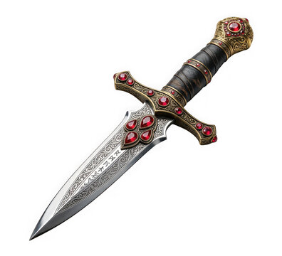 Ornate fantasy dagger with red gemstones and intricate metal engravings isolated on transparent background