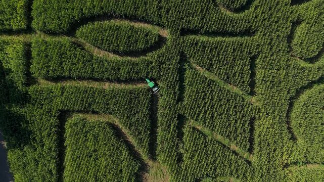 Drone View of Corn Maze and Tractor Mowing Paths at an Italian Farm
