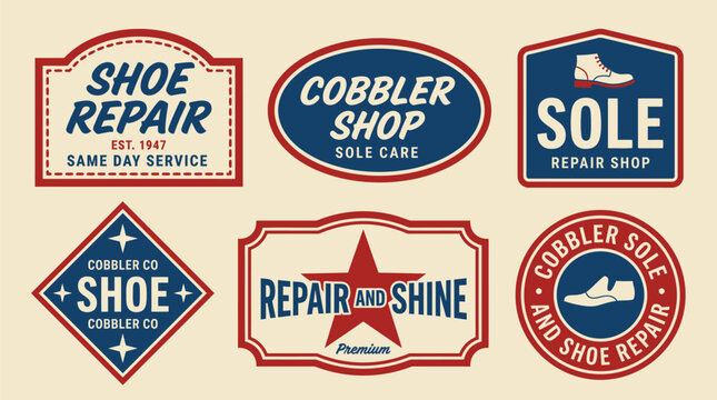 Set of vintage retro shoe repair and cobbler shop labels and badges with footwear collection business commercial advertising branding illustration template typography stitching