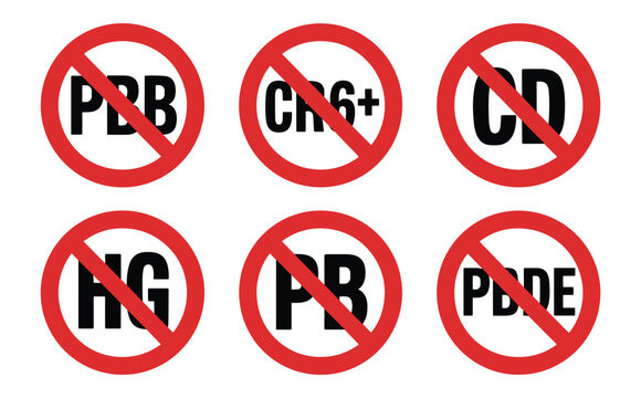 No Forbidden Elements: A collection of red circular prohibition signs, each displaying a different set of letters, indicating restrictions or exclusions of various types.