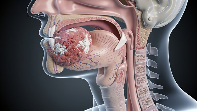 3D medical sagittal illustration of oral tongue tumor, human head and neck anatomical cross‑section