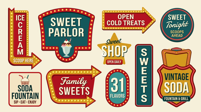 Retro sweet parlor sign collection vector illustration with icecream illustration collection commercial business advertising marketing fountain chocolate delicious children
